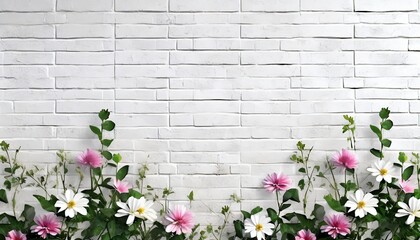 Fototapeta na wymiar flowers on the old white wall background digital wall tiles or wallpaper design