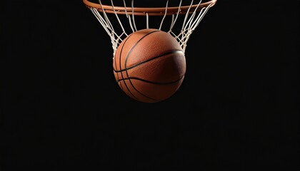 basketball going through the basket on black backgorund