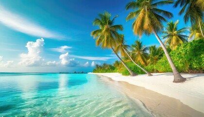 Fototapeta na wymiar maldives island beach tropical landscape of summer paradise white sand coconut palm trees calm sea bay luxury travel vacation destination exotic beach island amazing nature inspire relaxation