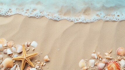 Fototapeta na wymiar Tranquil Beach Scene with Shells and Starfish Displayed on Sandy Shore