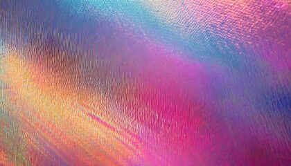 close up of ethereal bright neon pink magenta orange blue purple holographic metallic foil...