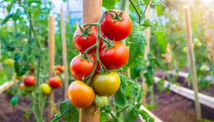 Foto op Plexiglas organic vegetables in the garden close up growing tomatoes on wooden stakes tall tomatoes tying up tomatoes with a sharp nose on a branch red tomatoes on a branch grow in raised beds © Richard