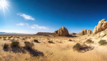 Fototapeta na wymiar vast desert landscape with rocky formations under a blue sky