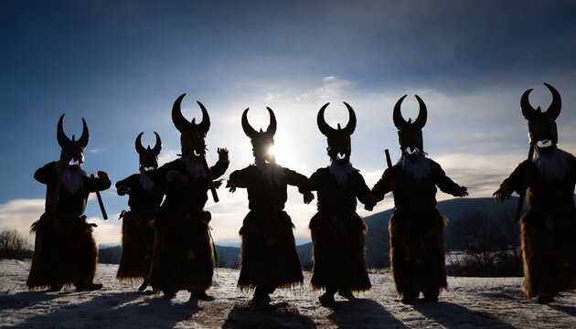silhouettes of several demons from the bulgarian folk tradition kukeri dressed in goat headed masks with horns dancing in a magical ritual to ward off the spirits of winter