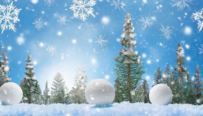 snowballs and snowflakes in a forest of pine trees on icy blue background covered with white snow decoration for winter season christmas celebrations new year greeting card with copy space