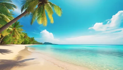  beautiful tropical island sea beach landscape turquoise ocean water yellow sand sun blue sky white cloud green coconut palm tree leaves paradise nature summer holidays vacation tourism travel © Richard