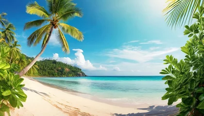 Poster tropical island sea beach beautiful paradise nature panorama landscape coconut palm tree green leaves turquoise ocean water blue sky sun white cloud yellow sand summer holidays vacation travel © Richard