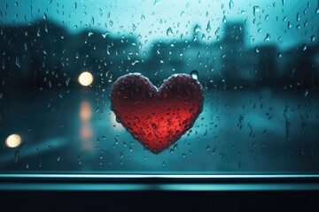 Heart Reflection on Rainy Window: City Lights and Love's Melancholy - Generative AI - obrazy, fototapety, plakaty