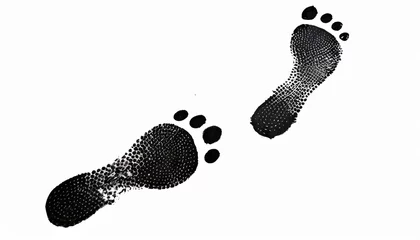 Fotobehang human black footprints way white background isolated barefoot person foot print pattern walking path footsteps silhouette illustration bare feet route trail ink imprint stamp mark sign symbol © Richard
