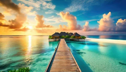 Gordijnen amazing aerial beach landscape beautiful maldives sunset seascape view horizon colorful sea sky clouds over water villa pier pathway tranquil drone view island lagoon tourism travel exotic vacation © Richard