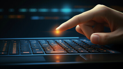 human operating future computer, symbol of IT company and technological progress, close up shot of hands operating computer