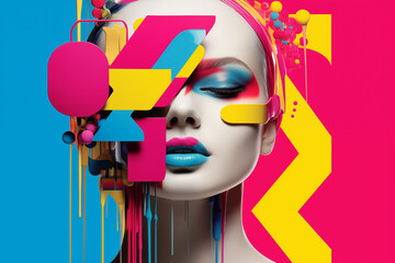 Abstract masterpiece of a woman's face emerged, brought to vivid life through the artistry of CMYK digital printing and design, showcasing beauty in a tapestry of vibrant hues and captivating forms