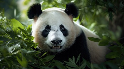 Naklejka premium Captivating Gaze of a Giant Panda in Lush Greenery: A Symbol of Hope - Generative AI