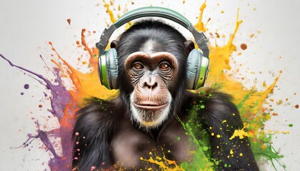 artistic chimpanzee with headphones in vibrant paint splashes