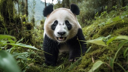 Naklejka premium Captivating Gaze of a Giant Panda in Lush Greenery: A Symbol of Hope - Generative AI