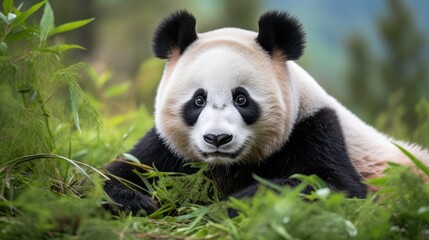 Obraz premium Captivating Gaze of a Giant Panda in Lush Greenery: A Symbol of Hope - Generative AI