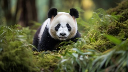 Obraz premium Captivating Gaze of a Giant Panda in Lush Greenery: A Symbol of Hope - Generative AI