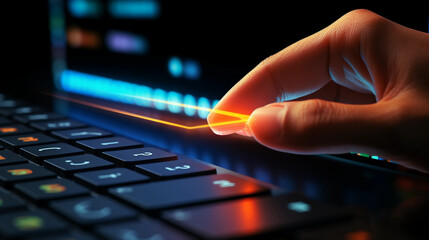 human operating future computer, symbol of IT company and technological progress, close up shot of hands operating computer