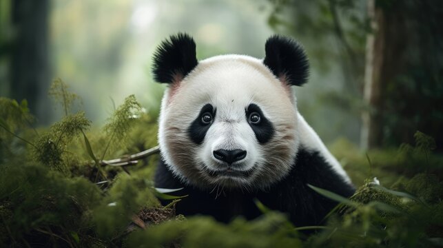 Captivating Gaze of a Giant Panda in Lush Greenery: A Symbol of Hope - Generative AI