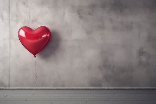 Solitary Red Heart-Shaped Balloon Against a Gray Concrete Backdrop - A Touch of Romance - Generative AI