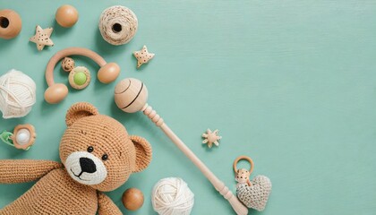 children s toys on a green mint background wooden and knitted baby handmade toys in eco style for a banner infant baby toys concept wooden rattles crocketed teddy bear and teething beads top view - obrazy, fototapety, plakaty