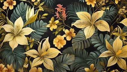 Foto op Plexiglas anti-reflex tropical seamless pattern with exotic flowers and leaves dark floral background vintage style hand drawn 3d illustration luxury design for wallpapers fabric mural © Richard