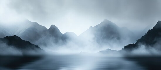 Fototapeta premium Abstract, foggy landscape with mountains and a dark background during rainy nature.