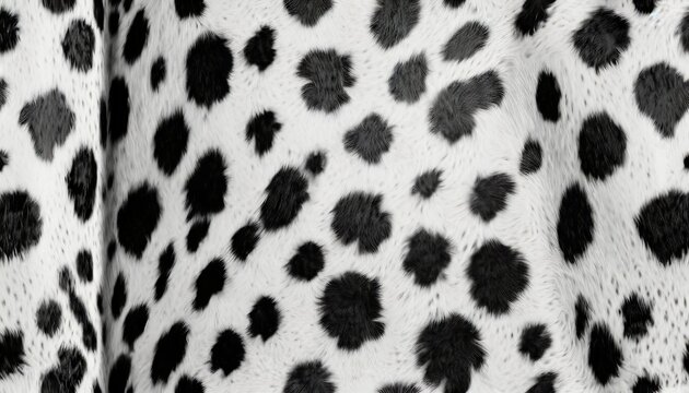 seamless soft fluffy large mottled cow skin dalmatian or calico cat spots camouflage pattern realistic black and white long pile animal print rug or fur coat fashion background texture 3d rendering