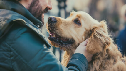 Man bonding with a golden retriever.