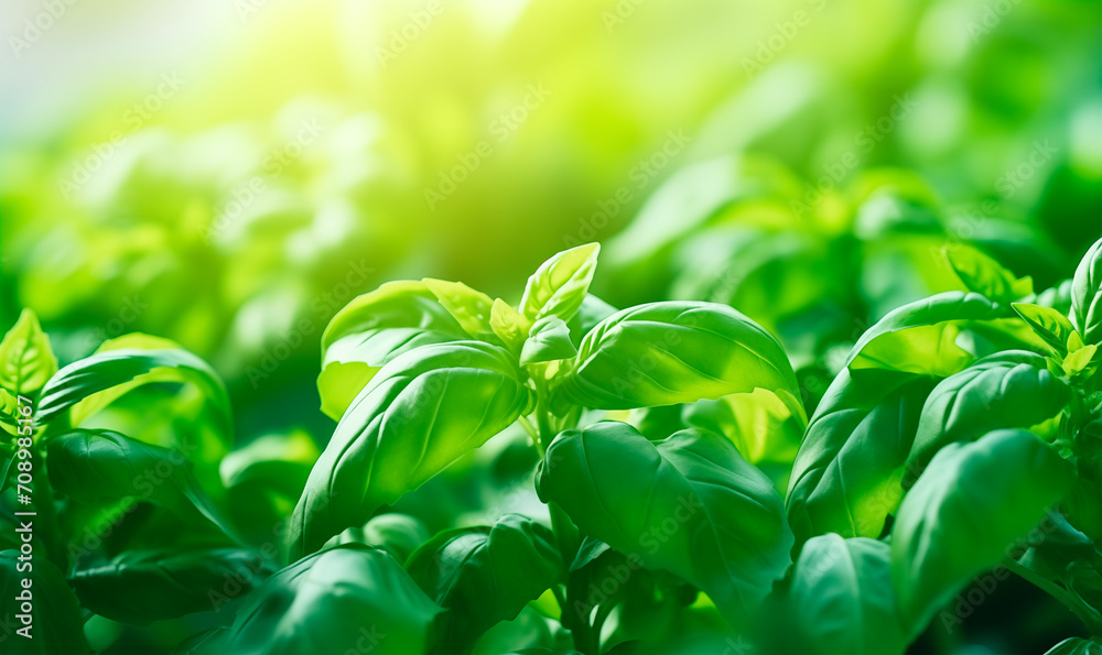 Wall mural close up of basil leaves, blurred garden background with copy space