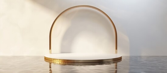 Minimal abstract background with wet floor reflection, golden arch frame, and empty product platform.