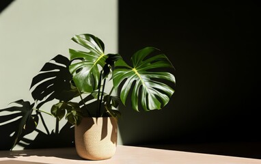 A Monstera plant, bathed in sunlight and surrounded by striking shadows, is artfully captured using high contrast photography and a contemplative writing approach.