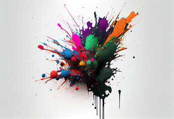 Colorful paint splatters on white background.