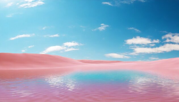 3d render modern abstract minimalist background water in the middle of the pink desert under the blue sky with white clouds fantasy landscape