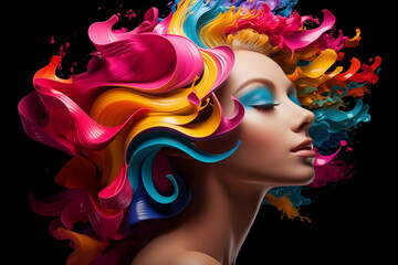 Abstract masterpiece of a woman's face emerged, brought to vivid life through the artistry of CMYK digital printing and design, showcasing beauty in a tapestry of vibrant hues and captivating forms