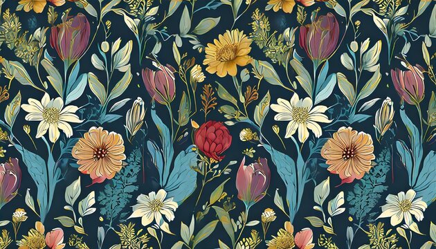 botanical seamless pattern with flowers vintage dark floral background flowers and herbs wallpaper hand drawing illustration used for printing on fabric wallpaper goods
