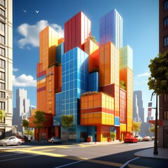 city with tetris style cube buildings