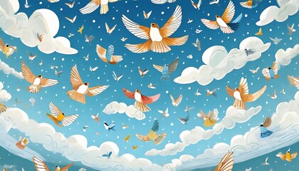 cute childish pattern with flying birds sky motivational phrases children s illustration wallpaper for children fabric paper goods design