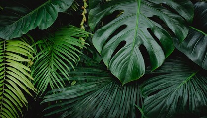 closeup nature view of palms and monstera and fern leaf background flat lay dark nature concept tropical leaf