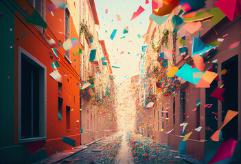 Confetti falling over a street and night background stock photo, in the style of vibrant color...