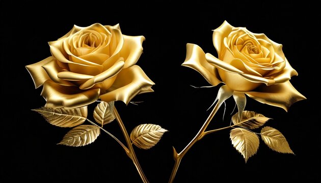 two golden rose flowers on black background isolated close up two long stem gold roses shiny yellow metal flower bouquet decorative design element art floral pattern beautiful vintage decoration