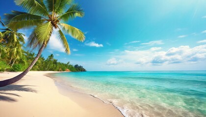 beautiful tropical island sea beach landscape turquoise ocean water yellow sand sun blue sky white cloud green coconut palm tree leaves paradise nature summer holidays vacation tourism travel - obrazy, fototapety, plakaty