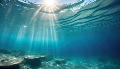 underwater ocean panorama with water surface sun on a sunbeam serbien izrael in the style of dark teal and light silver fluid photography - obrazy, fototapety, plakaty