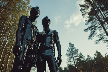 Young couple of gay men in latex suit in forest - obrazy, fototapety, plakaty