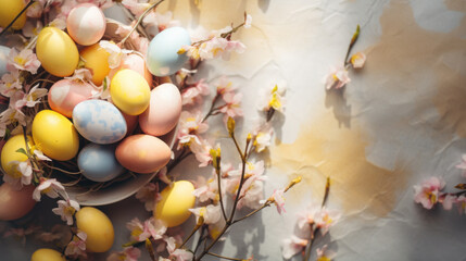 A vibrant and textured Easter scene with multicolored eggs nestled among cherry blossoms on crumpled paper, evoking a sense of renewal.