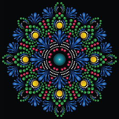 Vector hand-drawn doodle mandala. Ethnic mandala with colorful tribal ornament. Isolated. Bright colors.	
