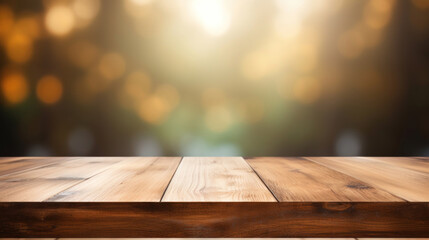 A serene scene of an empty wooden table with a warm bokeh light background, inviting a cozy atmosphere.