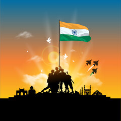 Indian army holding tricolor flag and indian monuments skyline background. Freedom patriotic and parade concept. happy Republic day india.