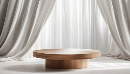 Fototapeta na wymiar empty modern round wooden podium side table in soft white blowing drapery curtain drapes in sunlight for luxury cosmetic skincare beauty treatment fashion product display background 3d