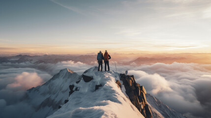 Two climbers on a mountain summit at sunrise, overlooking a sea of clouds, embodying adventure and achievement. - obrazy, fototapety, plakaty